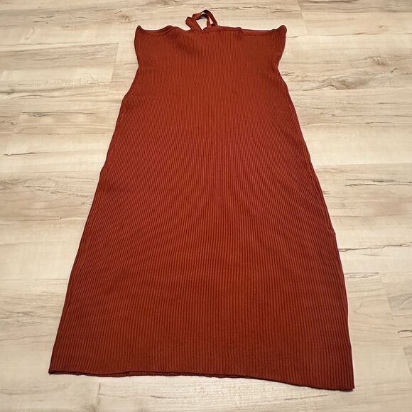 Almost Famous Women 2X Dress Midi Neck Tie Ribbed Burnt Orange - Picture 2 of 10